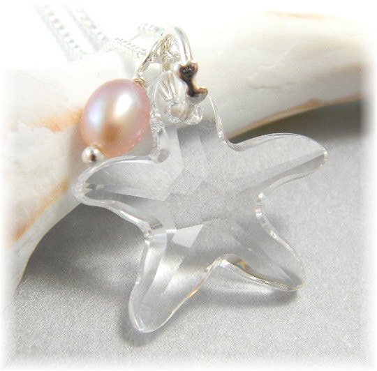 Crystal Starfish Necklace Swarovski on Sterling Silver Chain with Freshwater Pearl Free Shipping