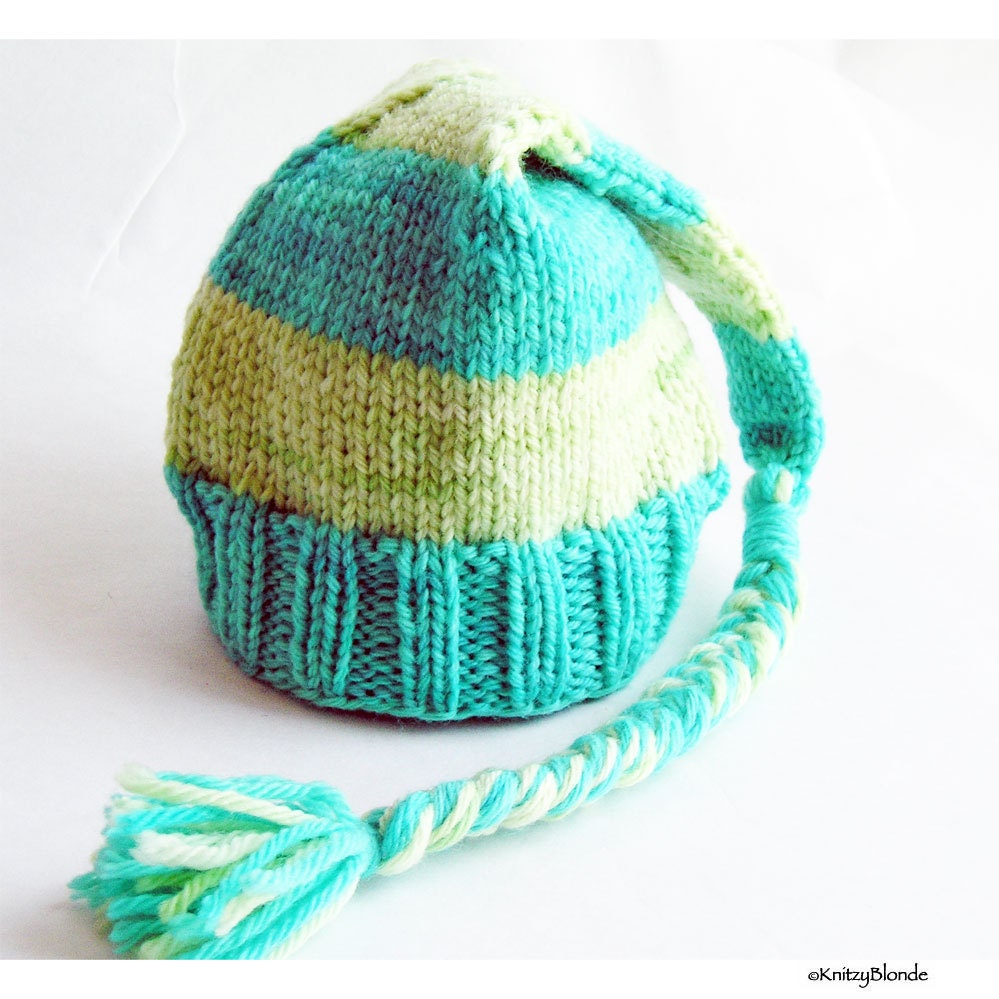 Baby Elf Hat, Photo Prop, Striped Turquoise Lime Green, Merino Wool Long Braid