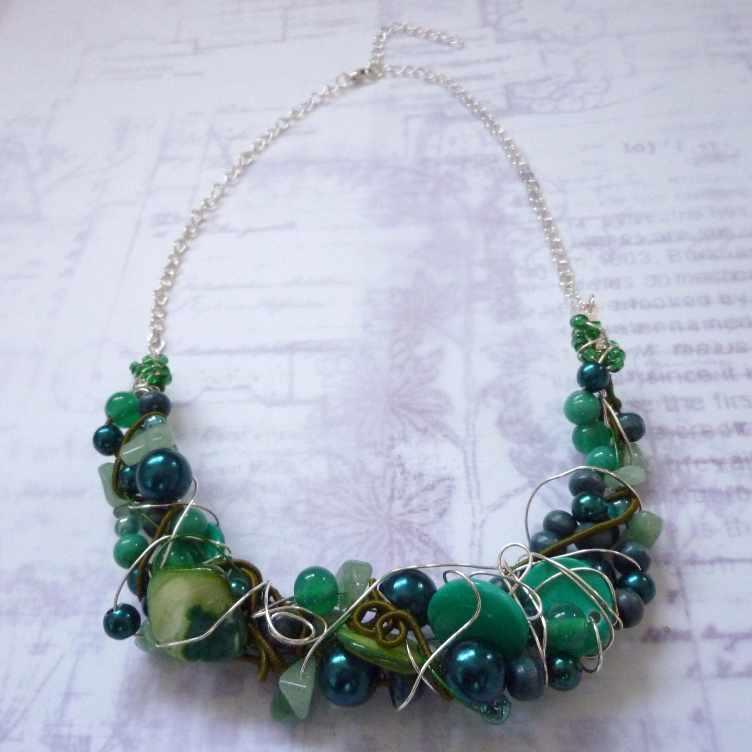 Beaded Necklace with Cord and Wire. "Green" - Nature and Growth