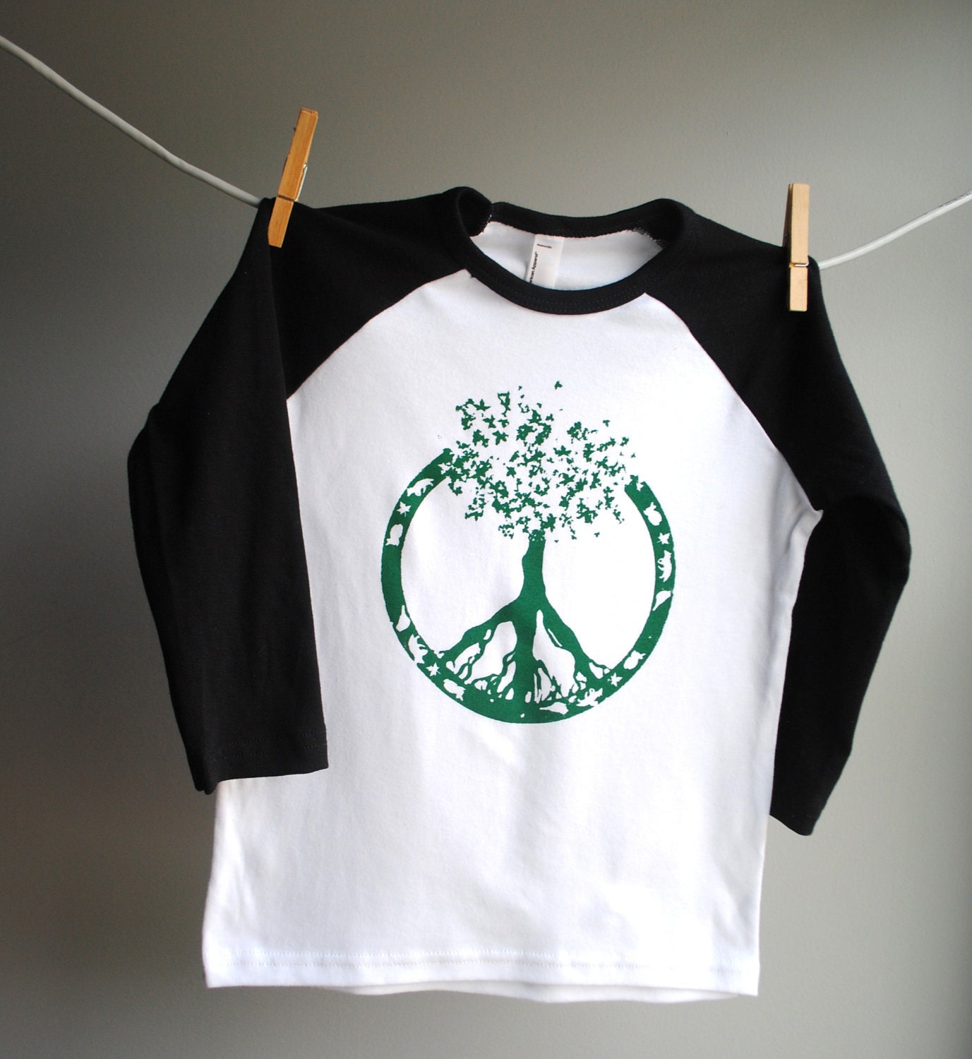 Peace Tree Shirt Black Raglan, sizes 8 - 12 Youth