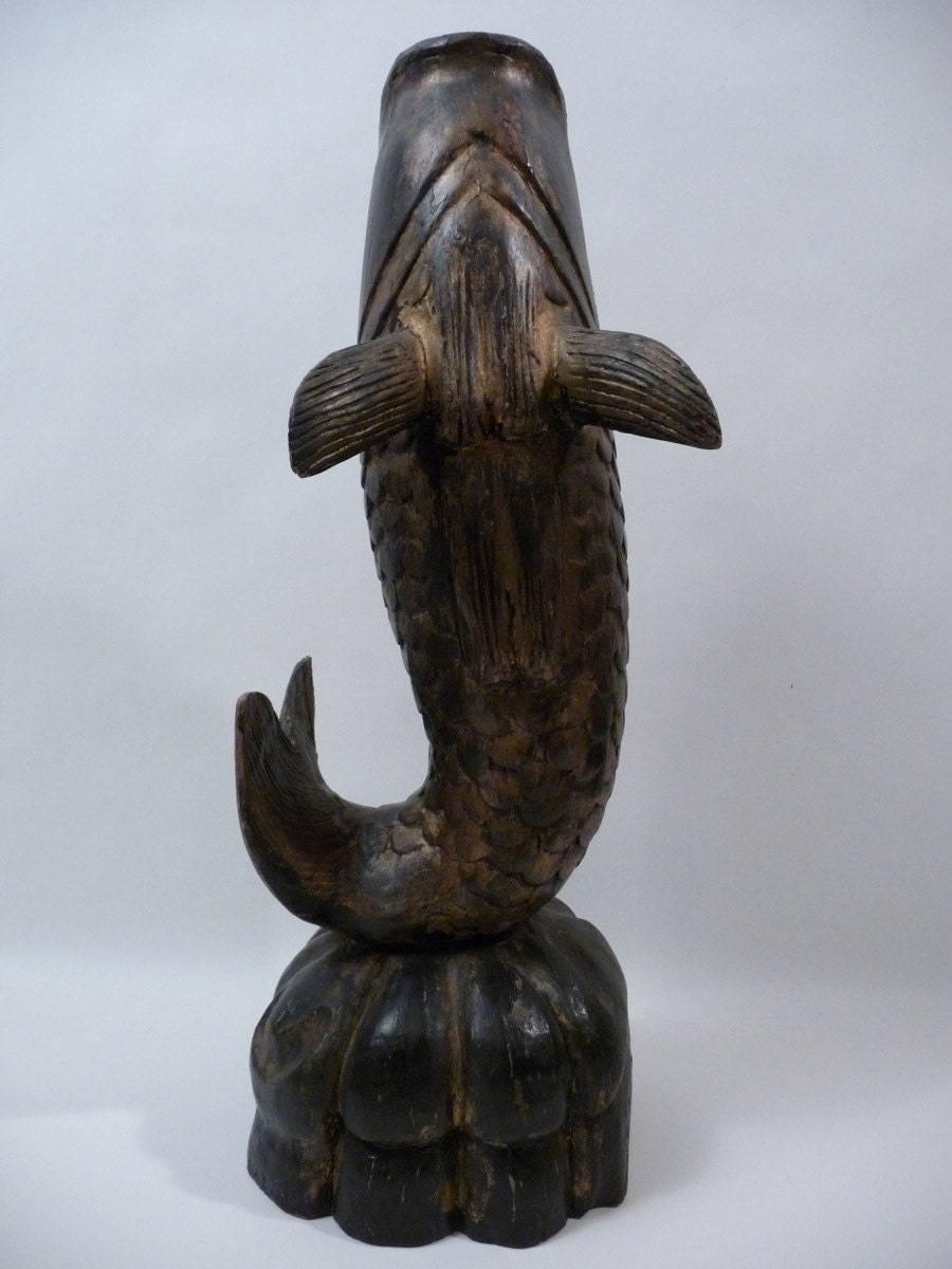 19th C Japanese Gilt Lacquer Carved Wood Koi Carp