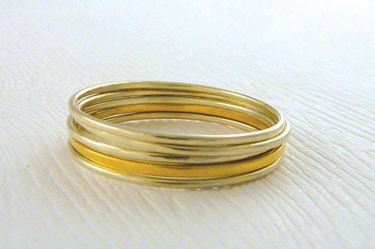 Stacker Ring Set, "Sunshine" Style, Size 7, 14k Gold, Sterling Silver