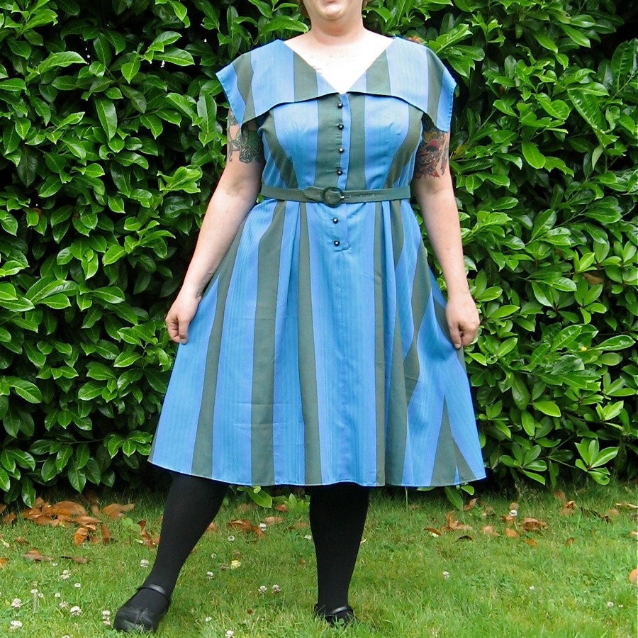 SailorStripes Dress - plus size - vintage cotton stripe fabric and rhinestone buttons - plus matching belt - 50B-42W-60H