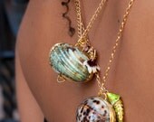 Alabaster Shell Locket and Koi Fish Charm Necklace