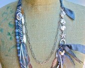 Stormy Sea- tie necklace: with Agate beads, Mother of Pearl accent, friendship knotted strand,  and Silk ties