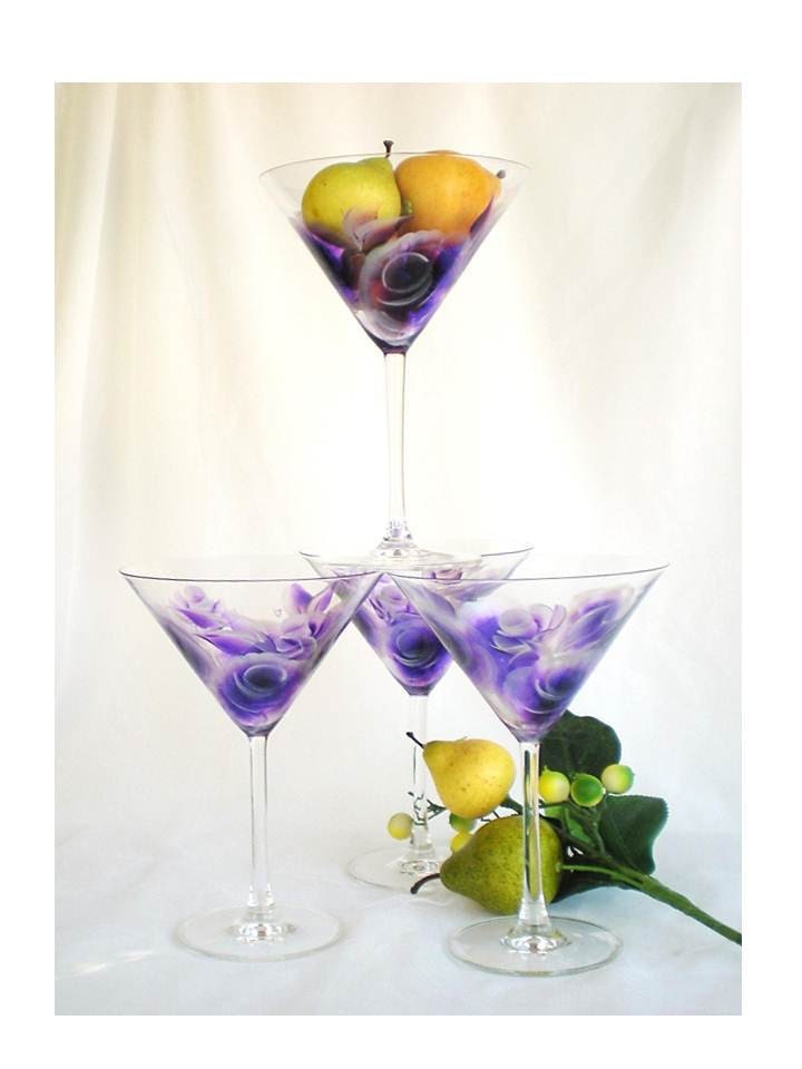 Contemporary Hand Painted Martini Glasses Set of EIGHT Margarita Cocktail - Hand Painted Purple and Silver Abstract Roses