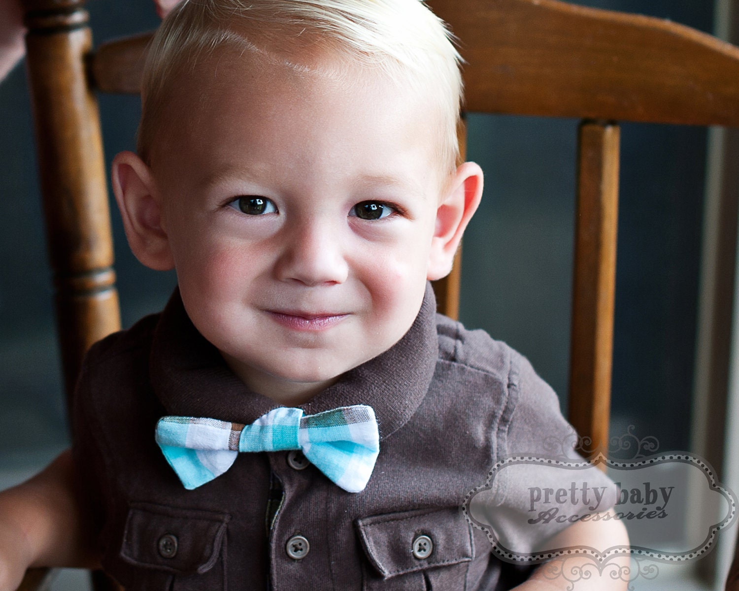 Aqua, White, & Brown Plaid Printed Boys Bow Tie - Clip on OR Velcro