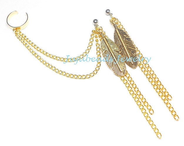 READY to be SHIPPED Gold Feather Dangly Chain Ear Cuff Set