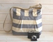 Water Proof -Cross body bag / Diaper bag STOCKHOLM Gray  and Ecru Stripes Pleated French Messenger bag - 10 Pockets