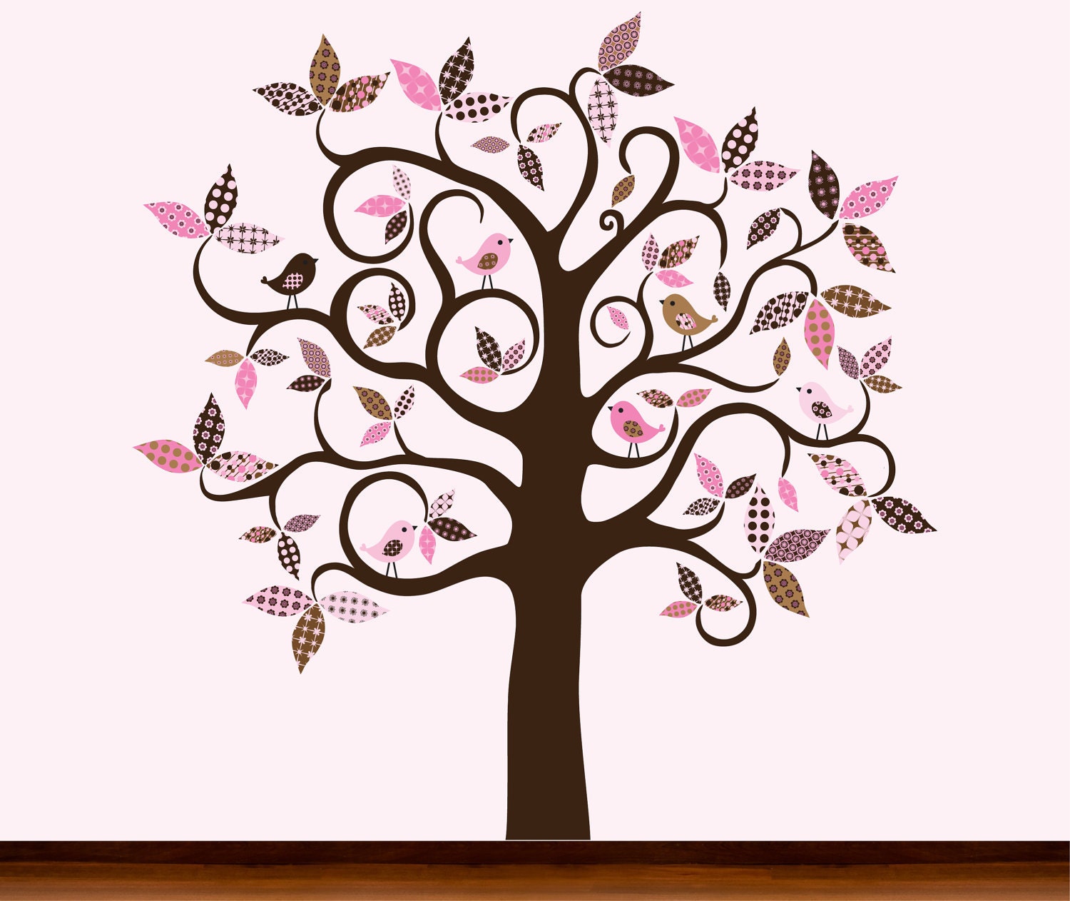 Pink and Brown Design - Chocolate Brown Pattern Tree with Birds - Vinyl Wall Art Decal