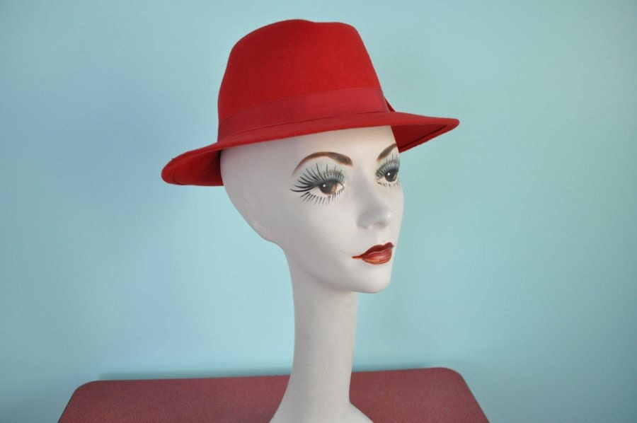 vintage fedora hat 80s cherry red