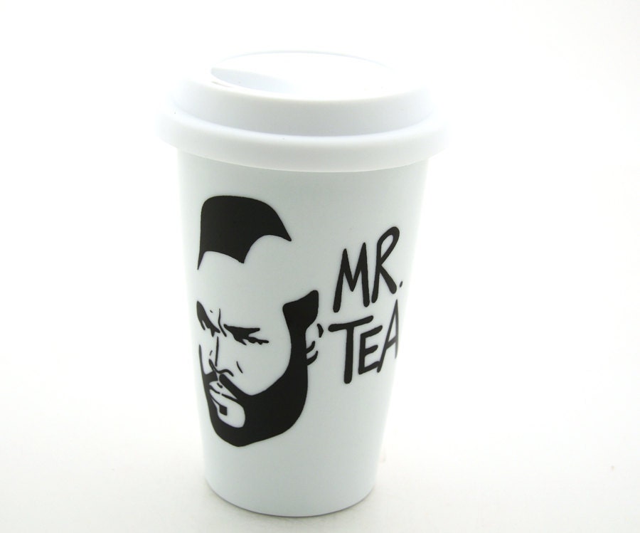 Mr T Tea Travel Mug Double Walled Porcelain with Lid Kiln Fired