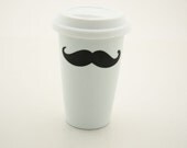 Moustache / mustache Travel Mug Double Walled Porcelain with Lid Kiln Fired