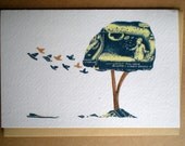 Blue Tree With Birds: Art Print Greetings Card