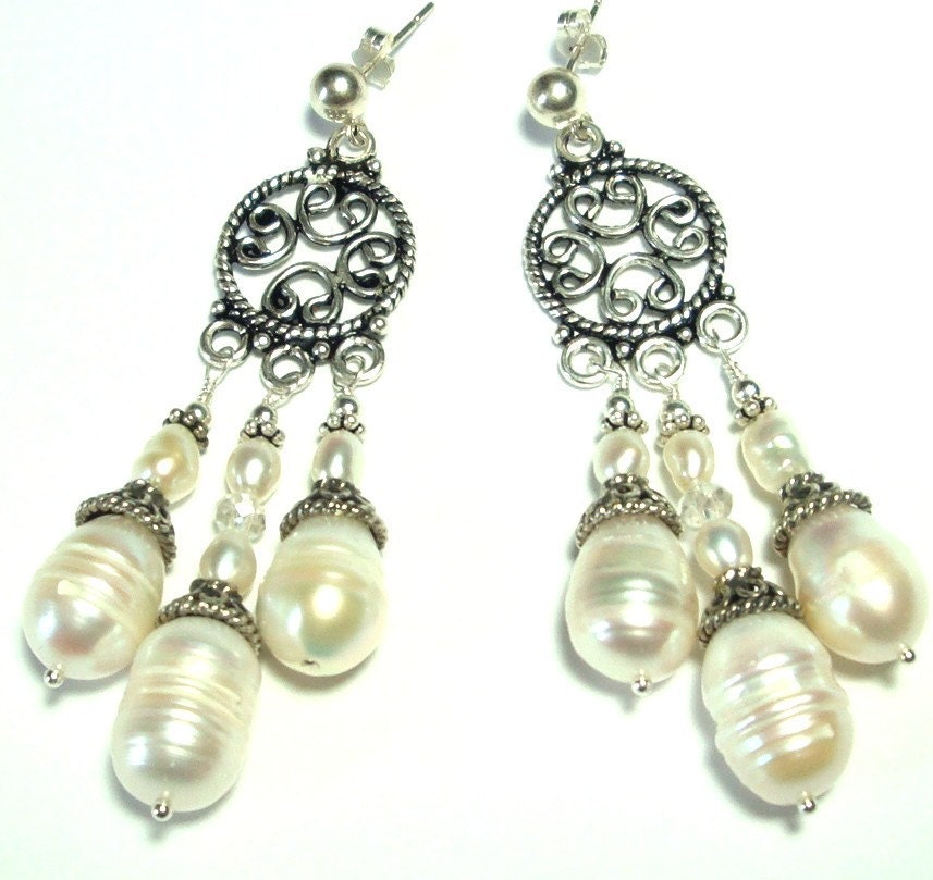 The Queen's Large Baroque Pearl and Sterling Chandelier Earrings