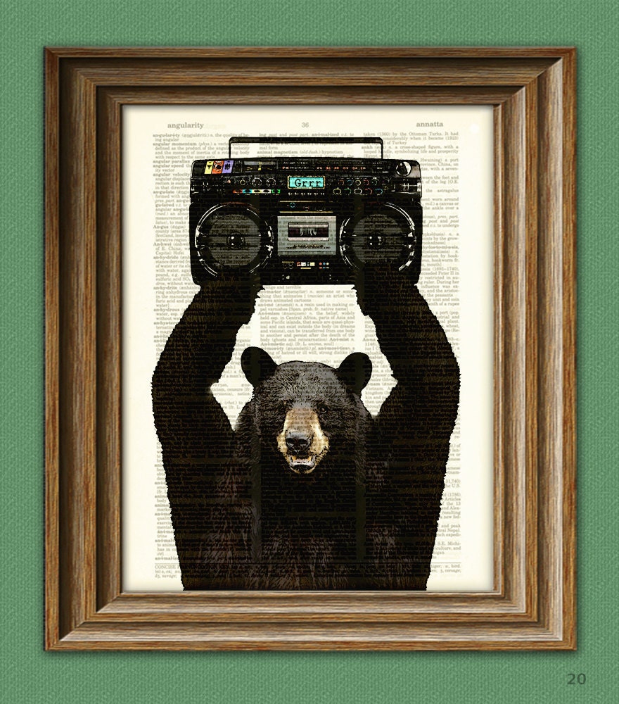 As Seen on UK's Sorority Girls Lloyd the BLACK BEAR with a Boombox dictionary page art print