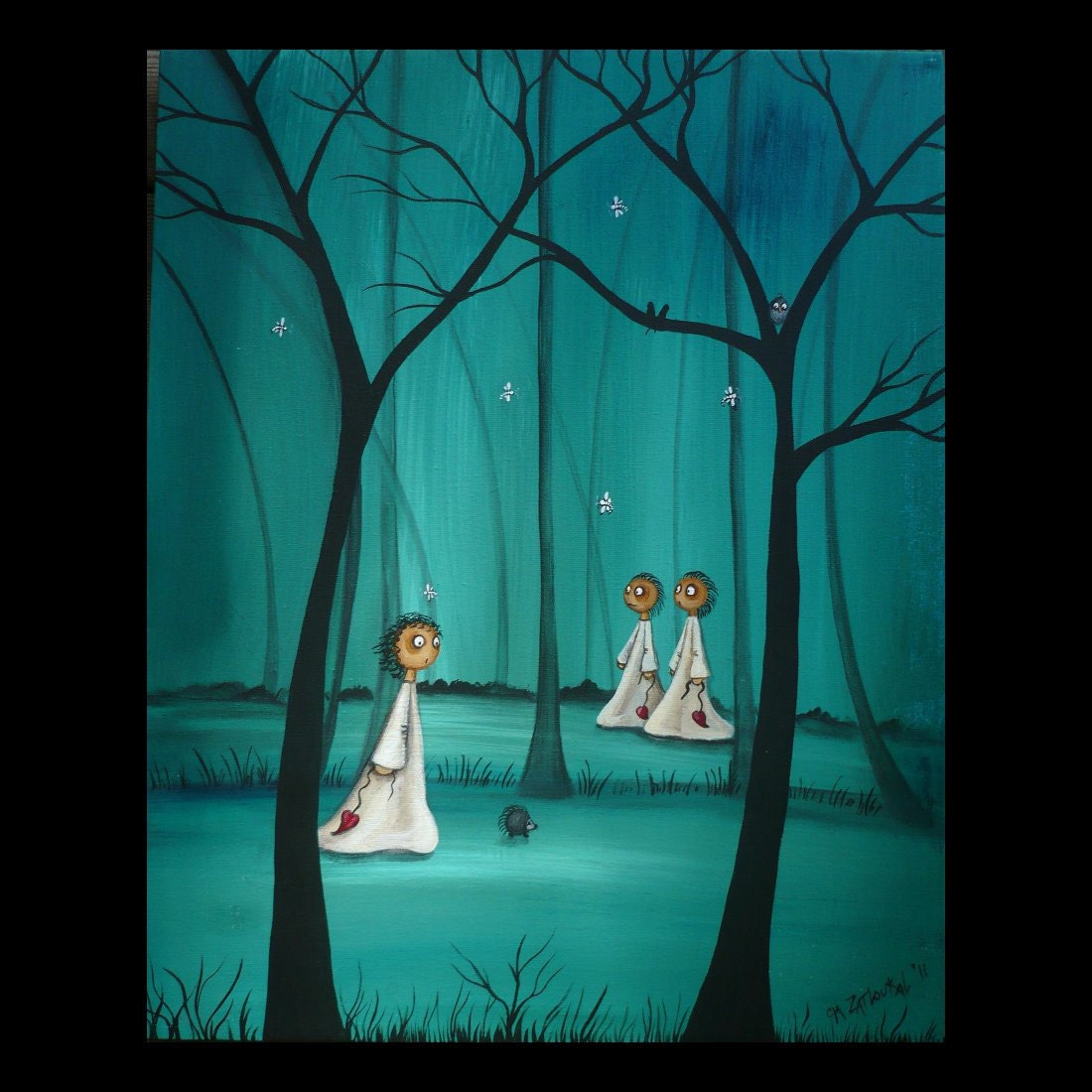Original  Whimsical Art Fantasy Landscape Painting -- Dragonflies - Hedgehog - Owl -  16x20 -- Forest Deep