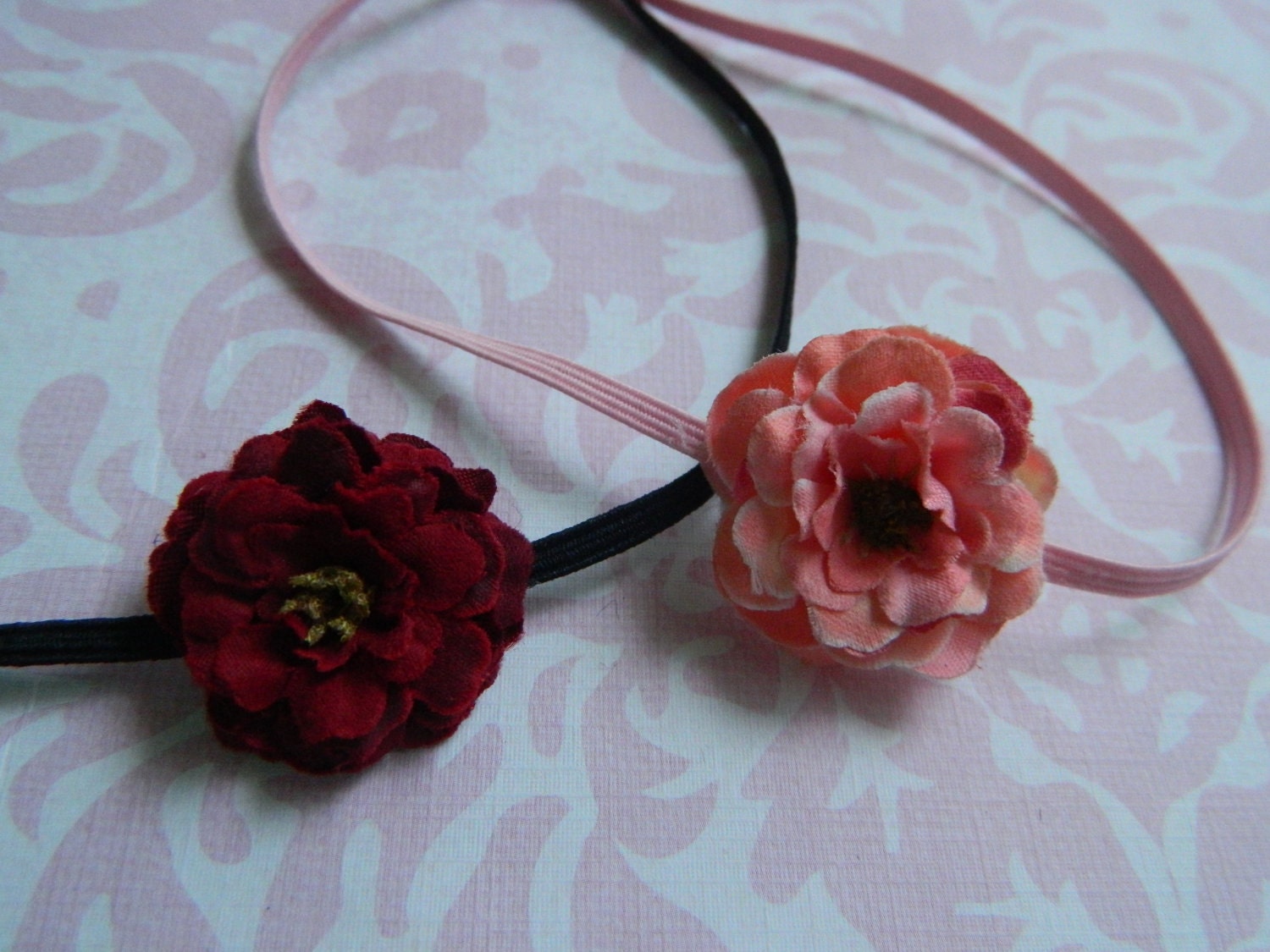 Baby Headband - Set of 2- Petite Pom Rose Flowers on Skinny Headband - Pink and Burgundy Red Flower - IRENE COLLECTION