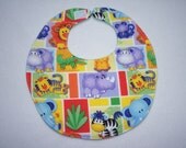 Baby Bib, four soft layers, reversible, bright colors, cute zoo animals