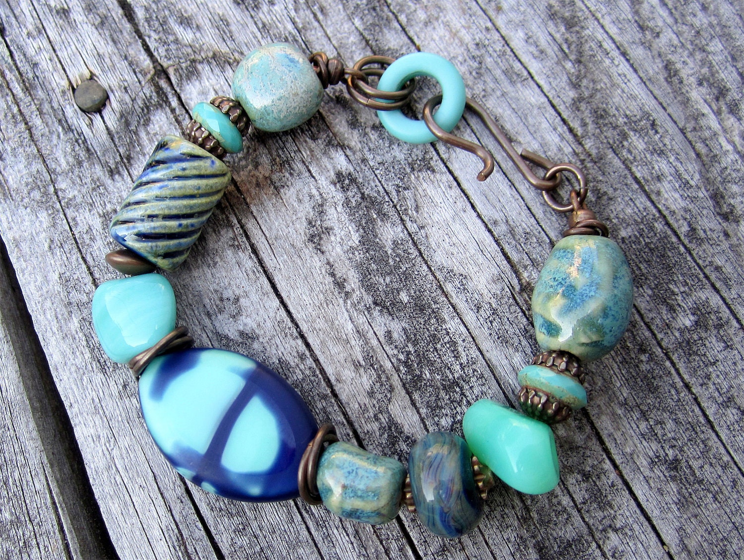 Seashore Inspired Bracelet - Vintaj Natural Brass, Artisan Beads, Boro and Vintage Glass