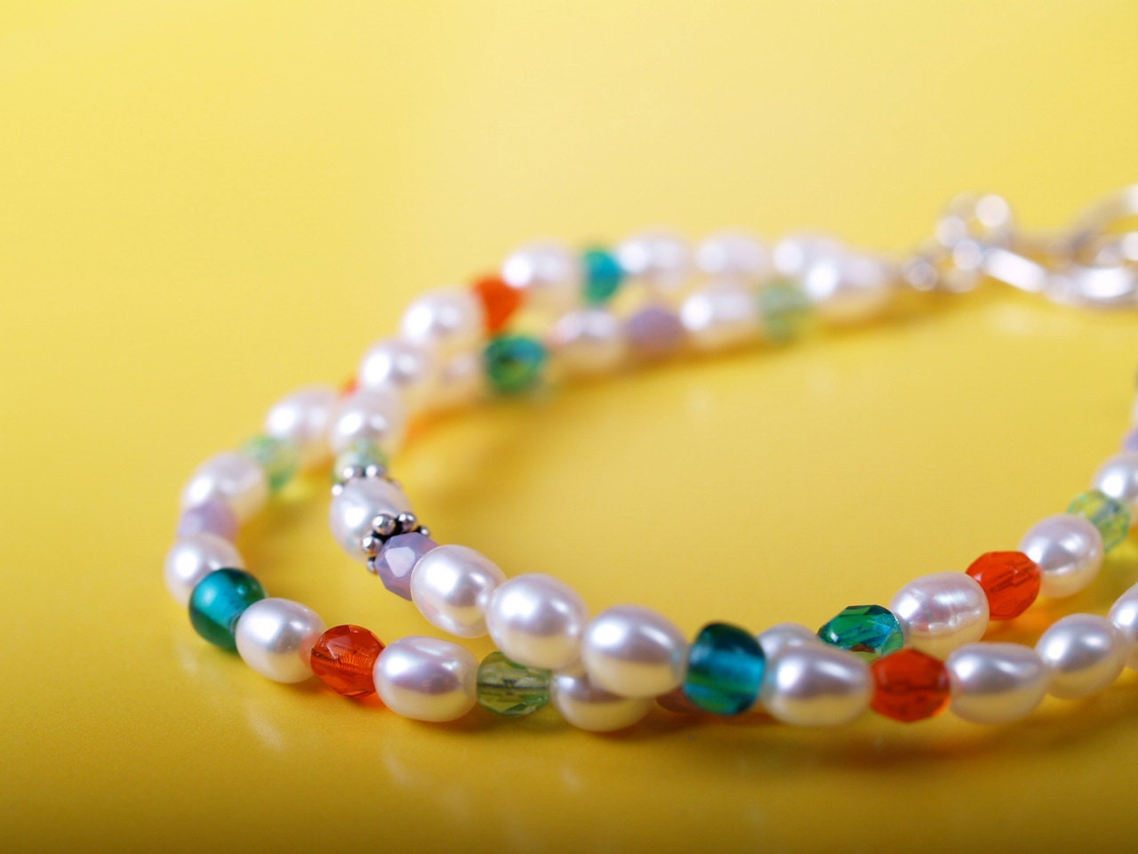 Spring festival double strand bracelet of freshwater pearl, Czech glass, sterling silver