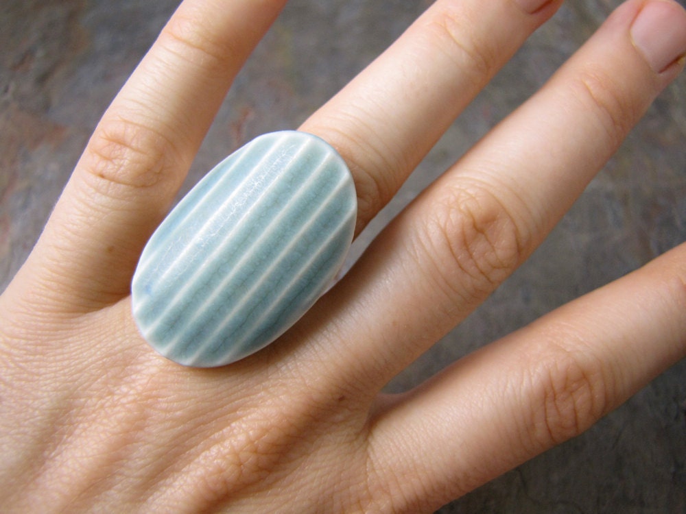 Oval Striped Porcelain Ring in Blue
