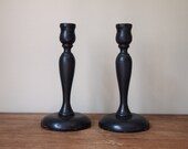 black wooden candlesticks - pair - vintage Halloween decor