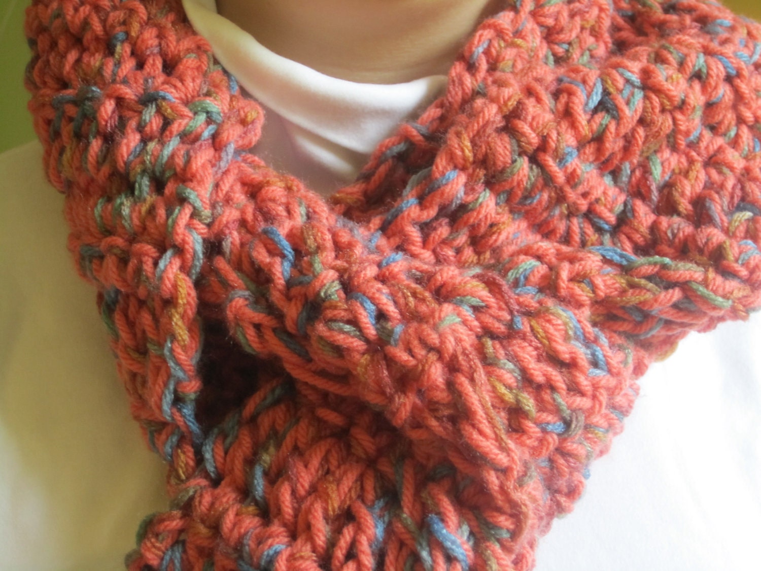 Crochet Scarf Blue Peach Coral Green Fringe