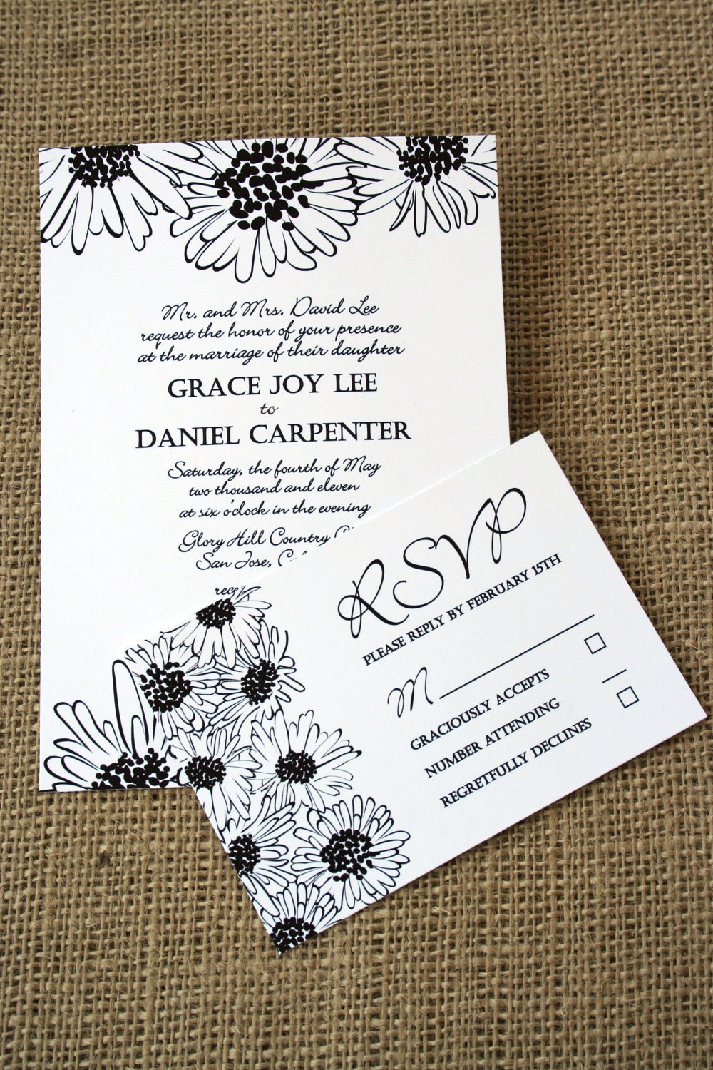 Elegant Black and White Flowers Wedding Invitation, Daisy: or custom colors, SAMPLE