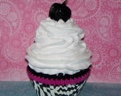 Standard Size Hot Pink Trim Zebra Cupcake Black Cake, White Whipped Icing, Cherry on top, Party, Room Decor, Photo Prop, Display