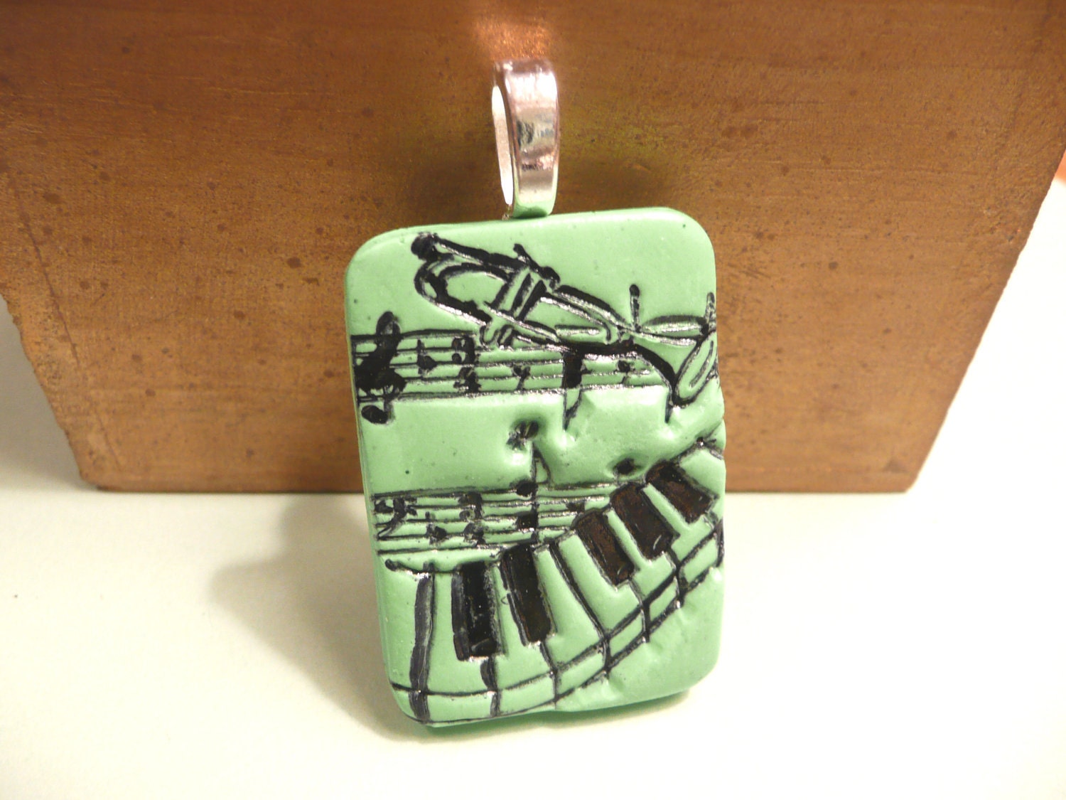 Music Piano Pendant handmade polymer clay jewelry - green and black