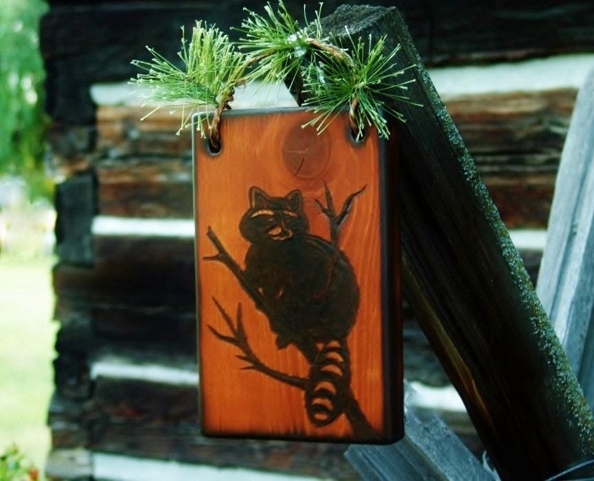 Cabin Decor Raccoon at Night in Tree with Moon and Pine Sprig