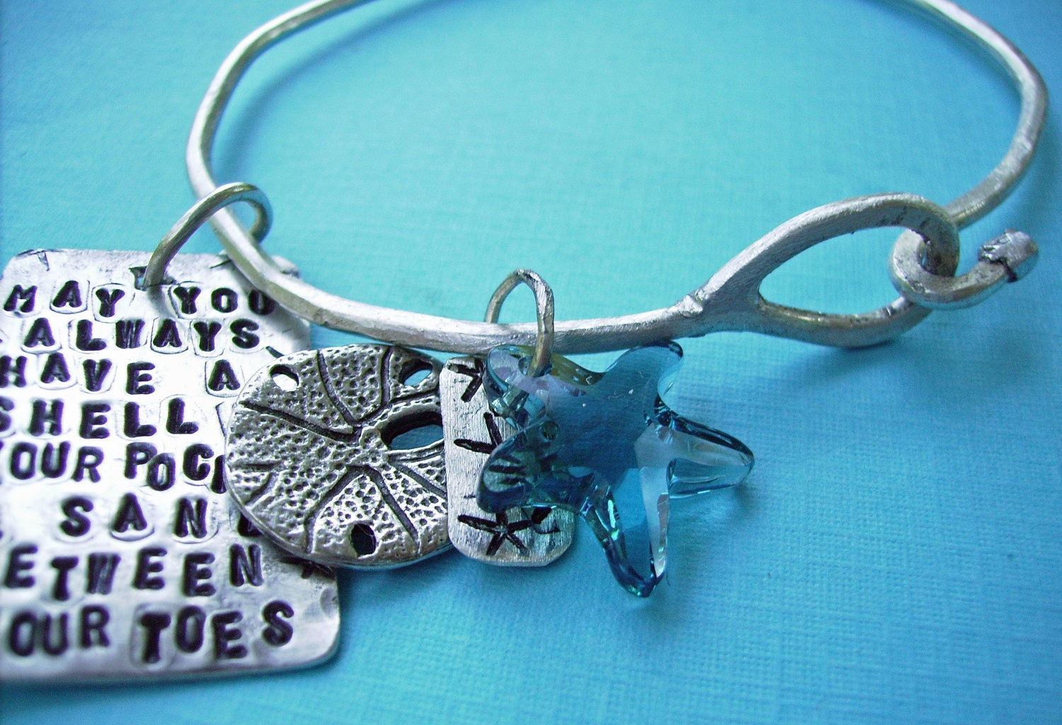 Embrace the Charms - with Beach Scriptz Sanddollar and Swarovski Starfish - Hand Stamped custom Sterling Silver Bracelet