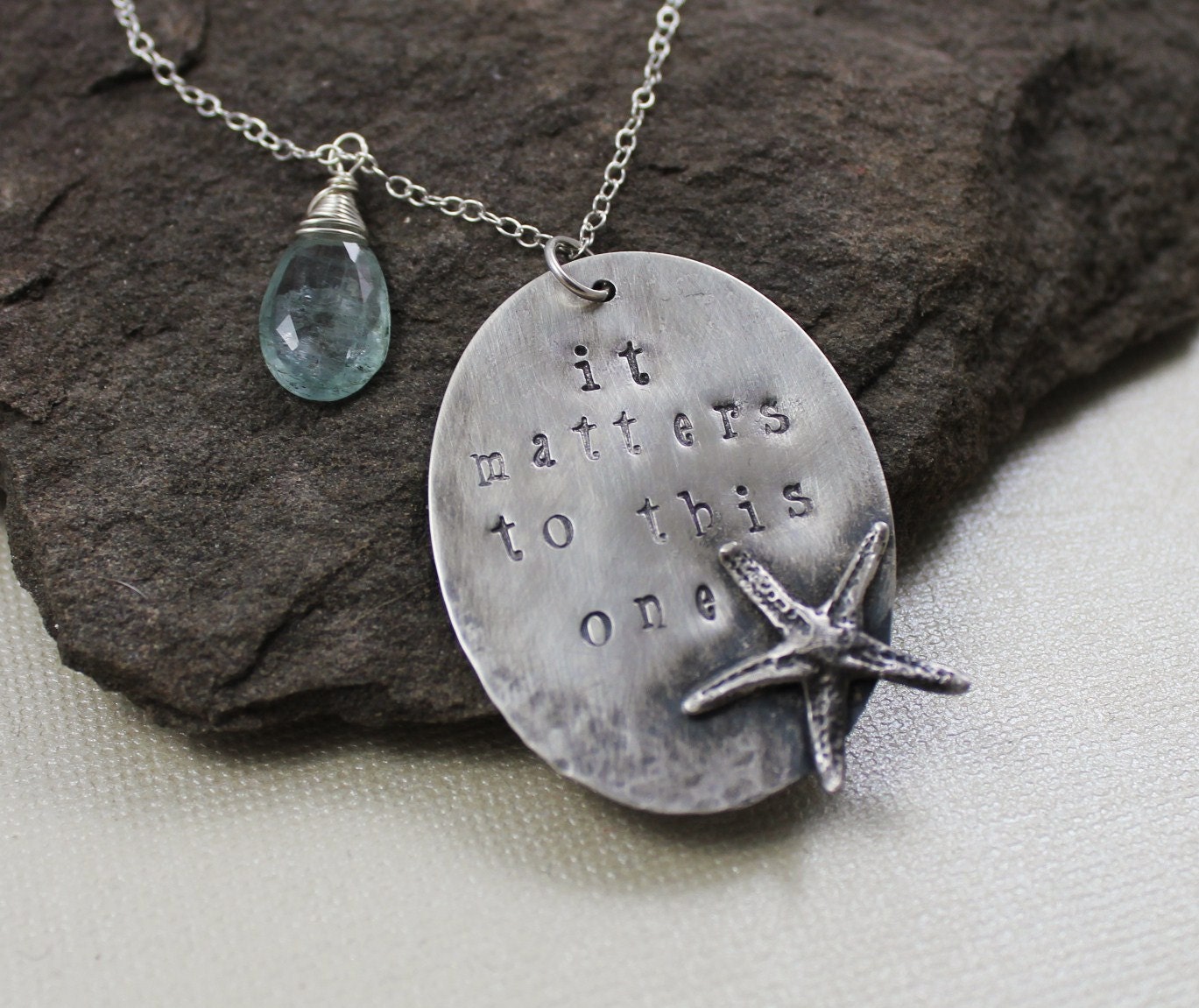 It matters To This One- Sterling Silver Starfish Pendant, Moss Aquamarine