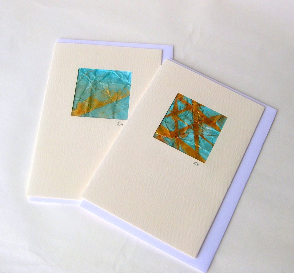 Card mini picture painted textured turquoise gold handmade