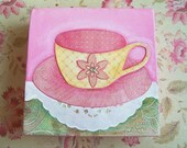 Pink tea cup original mixed media painting small canvas