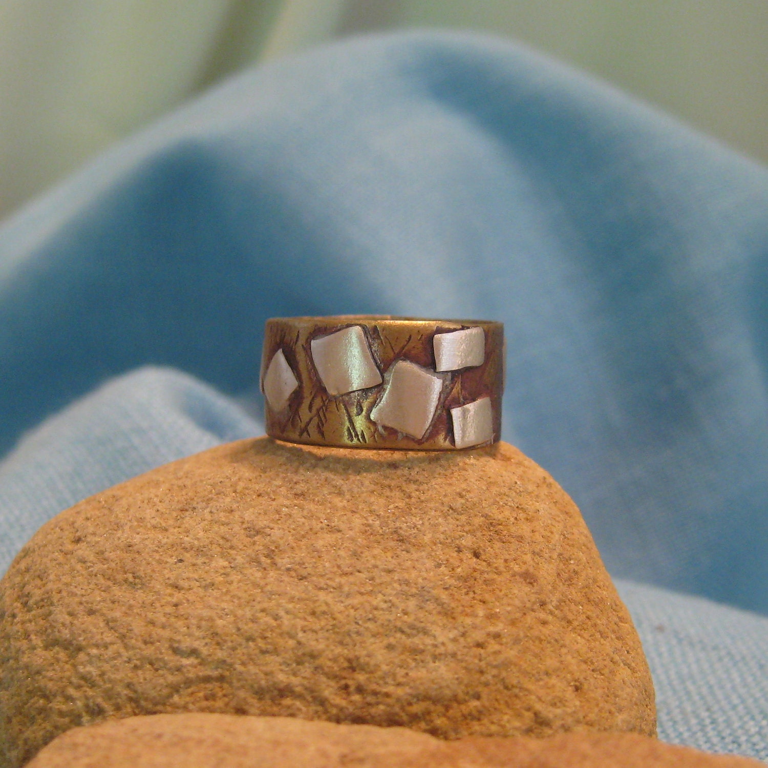 Mixed Metal Ring Brass Silver Geometric Square Wide Band Hammered Distressed Burgundy Red Brown Heat Patina JJDLJewelryArt