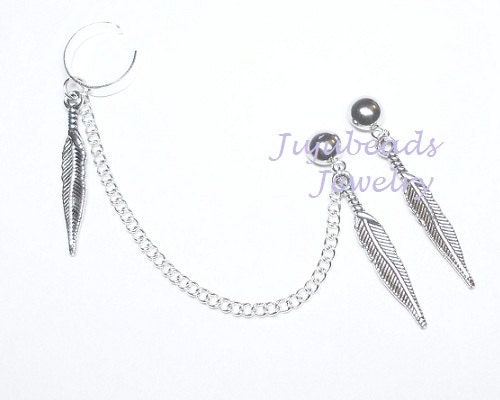 Silver Indian Feathers Ear Cuff Set