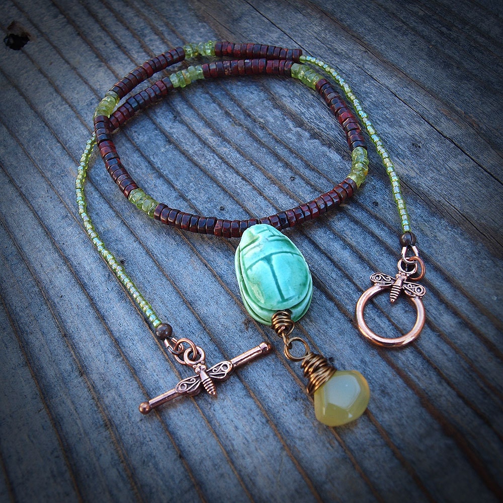 Green Glazed Ceramic Scarab and Mahogany Obsidian Heishi Choker