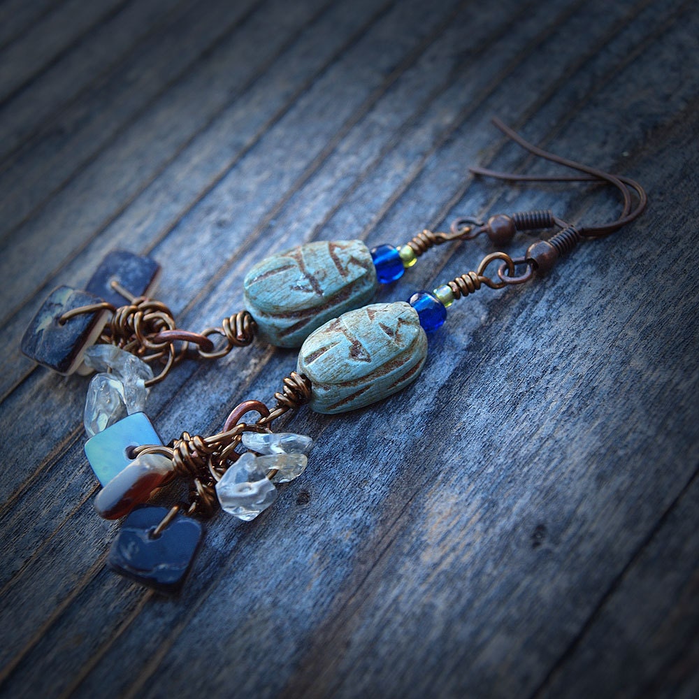 Blue-Green ceramic Scarab and Shell Earrings