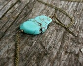 Turquoise Freeform Stone and Long Vintage Brass Necklace