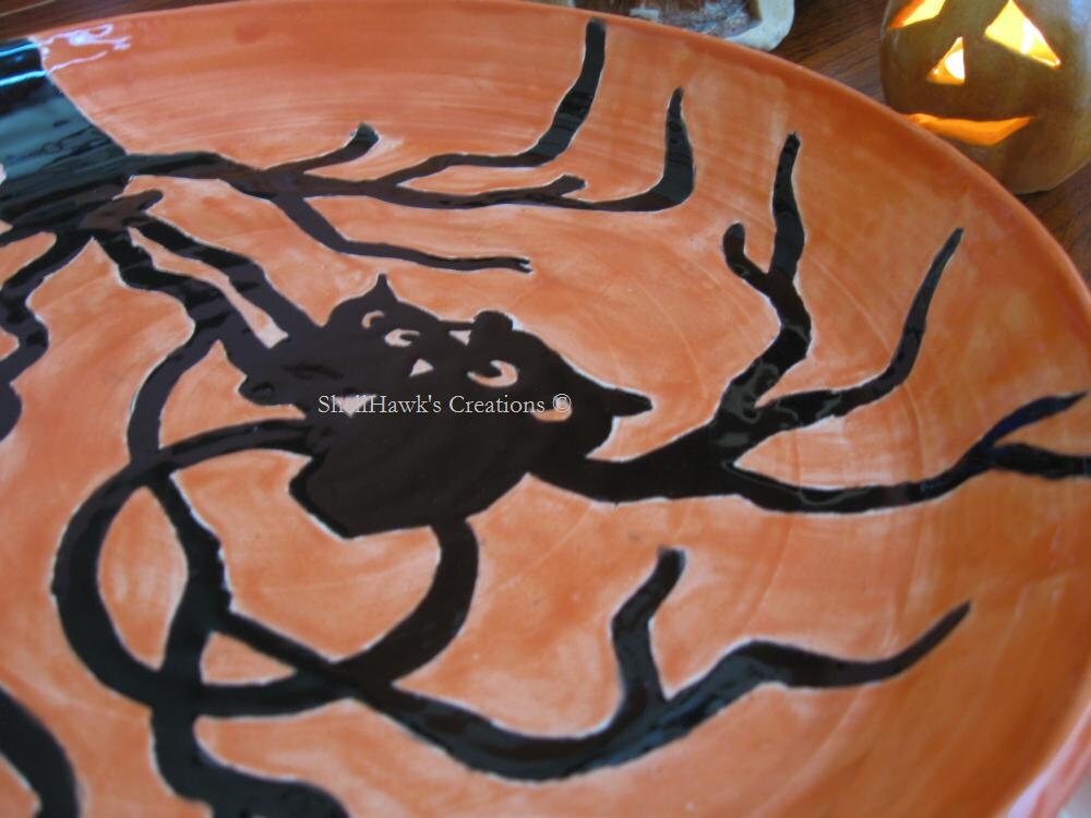 Halloween Owls on a Branch Plate, in Orange and Black