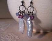 Gray Pearl, Garnet, Tanzanite Silver Earrings