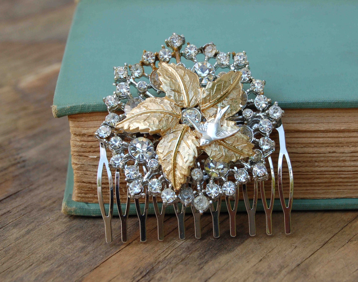 Vintage Silver Gold Rhinestone Hair Comb Wedding Bridal Autumn Winter Gold Leaves Snowflake Bird