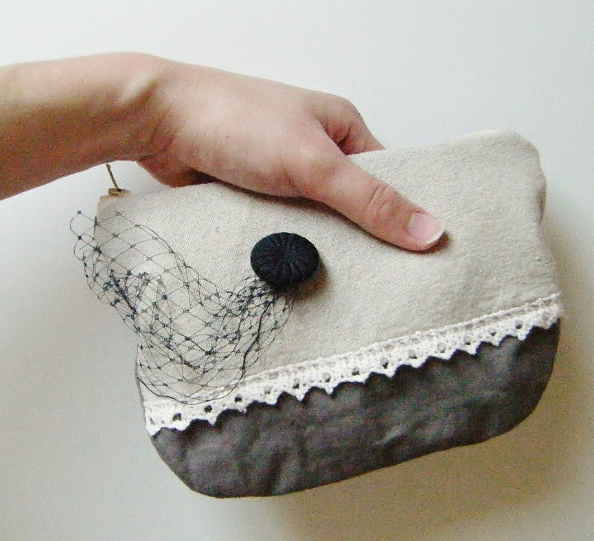 Mourning at Dusk... elegant/dark zipper pouch w/netting and vintage button
