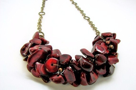 Burgundy red pomegranate twist necklace with vintage chain, bridesmaids, wedding