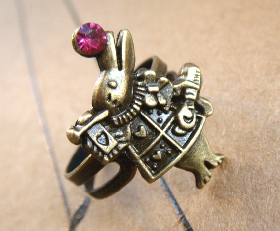 Alice in Wonderland Brass vestment trump rabbit red gem finger ring