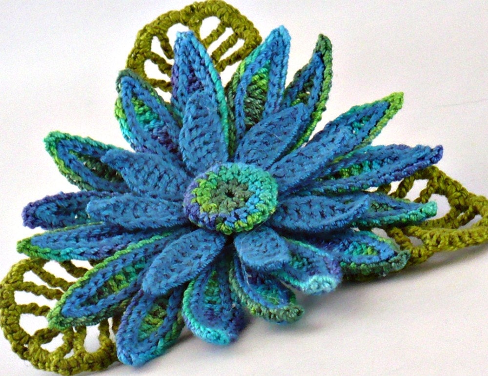 Crochet Brooch Irish Crochet Daisy Blue Green Teal