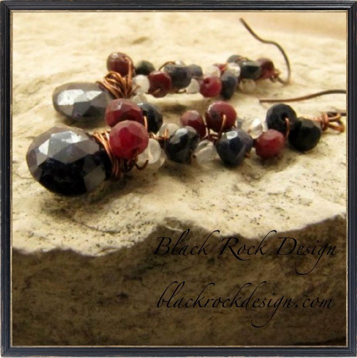 Sapphire, Ruby and Moonstone Earrings "Midnight Blossom"