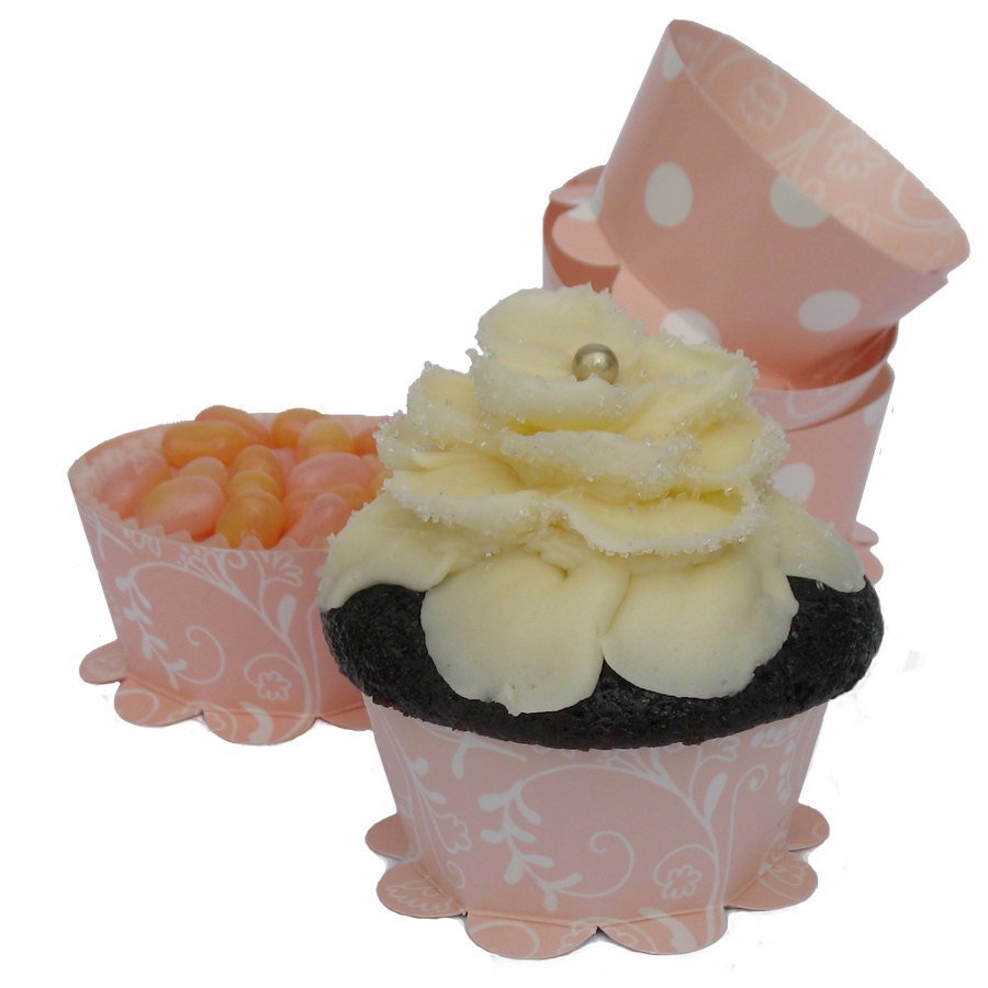 24 Cupcake Wraps for Baby Shower, Bridal Shower and Wedding Decorations - Peach Pink, Polka Dot, Stripe & Paisley. 12 personalized  toppers